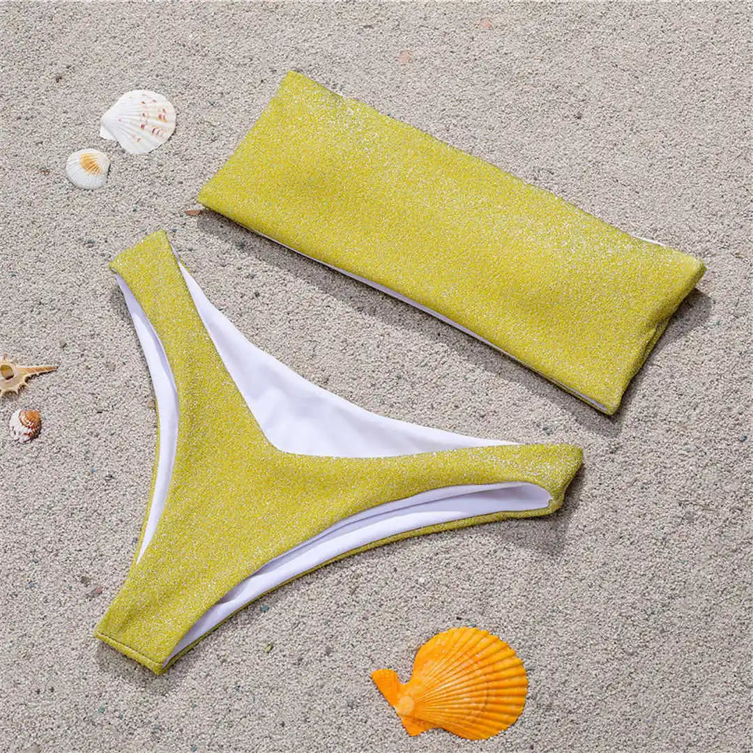 Glitter Sparkling Strapless Bikini Female Swimsuit Women Swimwear Two-Pieces Bikini Set Bandeau Bather Bathing Suit Swim V2236