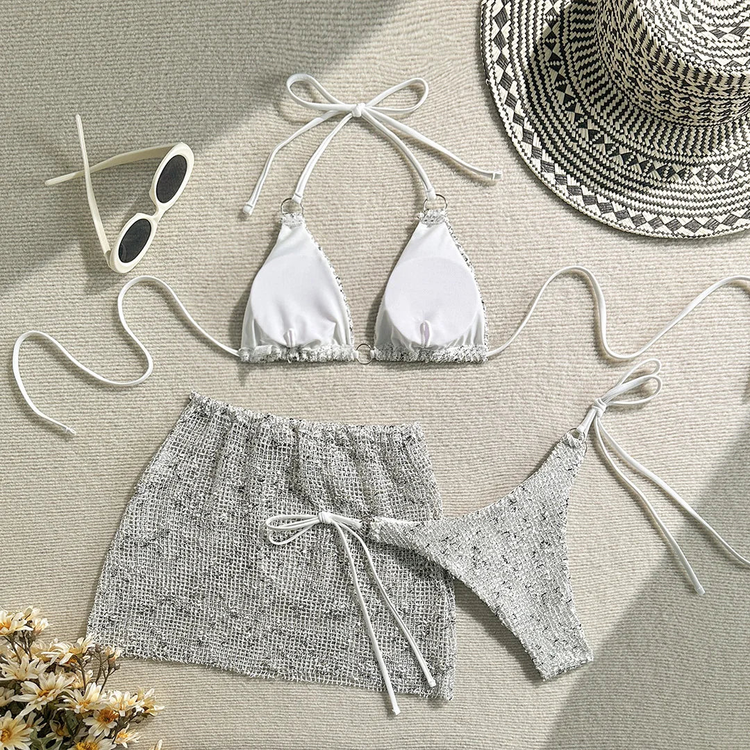 3PCS With Hollow Out Skirt Halter Bikini Female Swimsuit Women Swimwear Three-Pieces Bikini Set Bather Bathing Suit Swim V6451