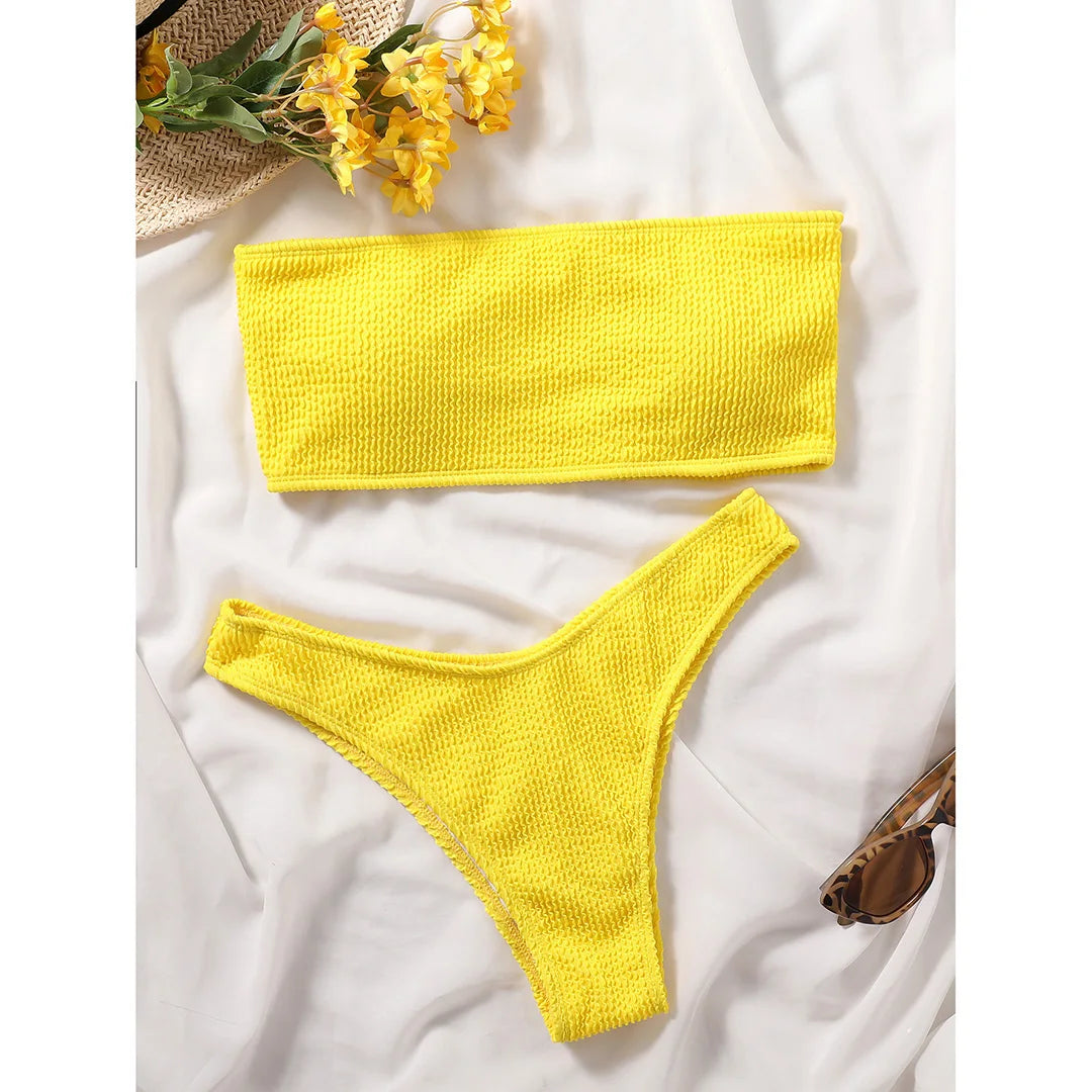 Bandeau Wrinkled Crinkled Bikini Female Swimsuit Women Swimwear Two-Pieces Bikini Set High Cut Bather Bathing Suit Swim V3314