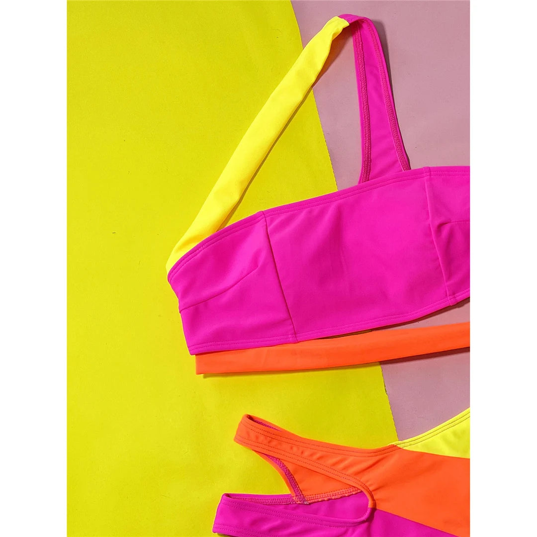 Sexy Splicing Asymmetric One Shoulder Bikini Female Swimsuit Women Swimwear Two-Pieces Bikini Set Bather Bathing Suit Swim V5395