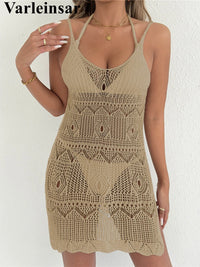 Crochet Knitted Hollow Out Halter Mini Dress Tunic Beach Cover Up Cover-ups Beach Dress Beach Wear Beachwear Female Women V8210