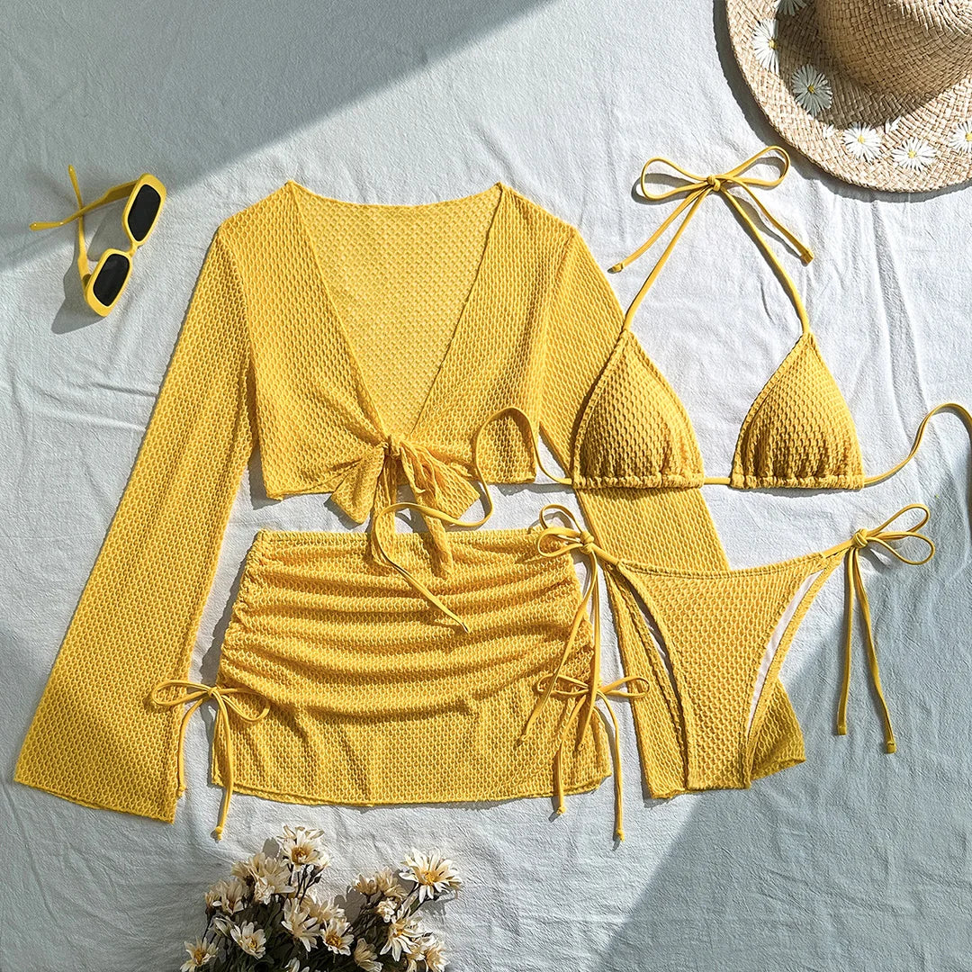2026 Long Sleeve With Skirt Halter Bikini Women Swimwear Female Swimsuit Four-pieces Bikini set Bather Bathing Suit Swim V6358