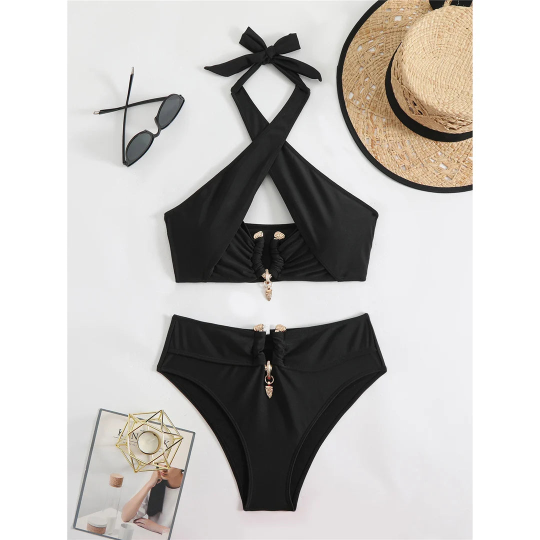 2026 Halter Cut Out High Waist Bikini Female Swimsuit Women Swimwear Two-Pieces Bikini Set Padded Bather Bathing Suit Swim V6256
