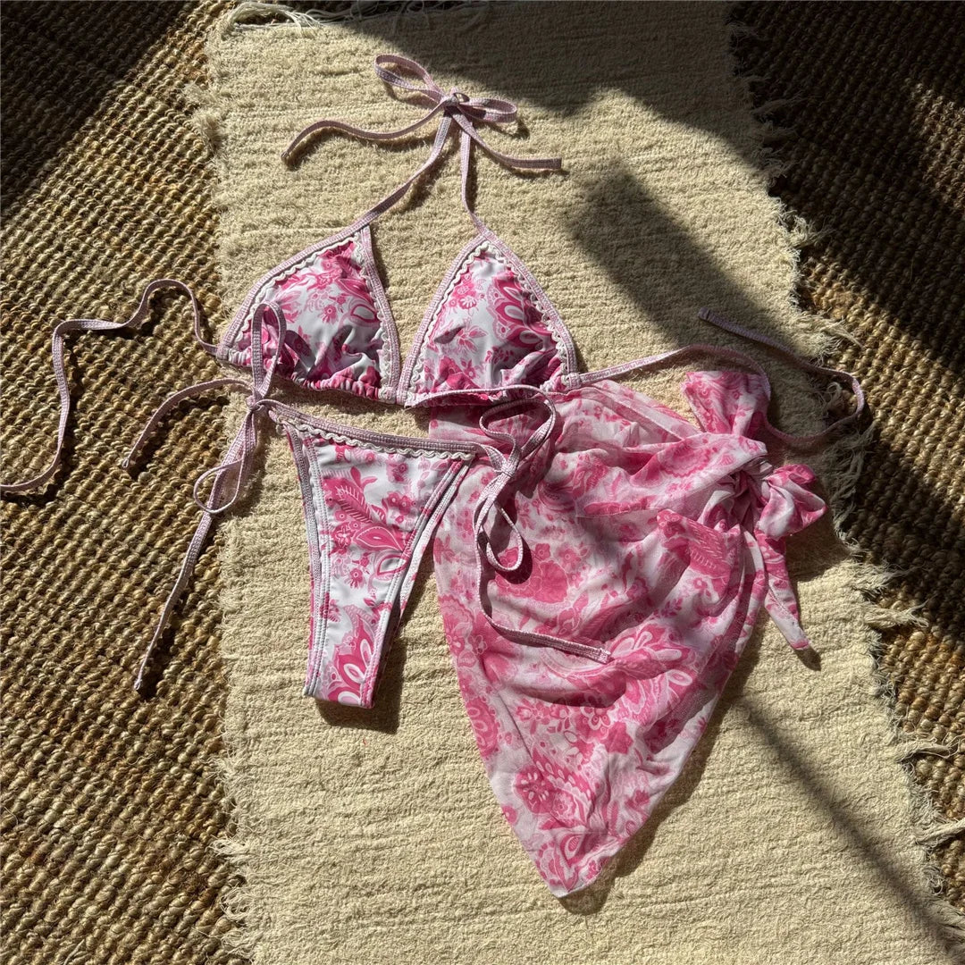 With Sarong Printed Halter Bikini Women Swimwear Female Swimsuit Three-Pieces Bikini Set Padded Bather Bathing Suit Swim V6966