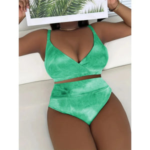 Bikini taille haute côtelé grande taille tie-dye vert jade