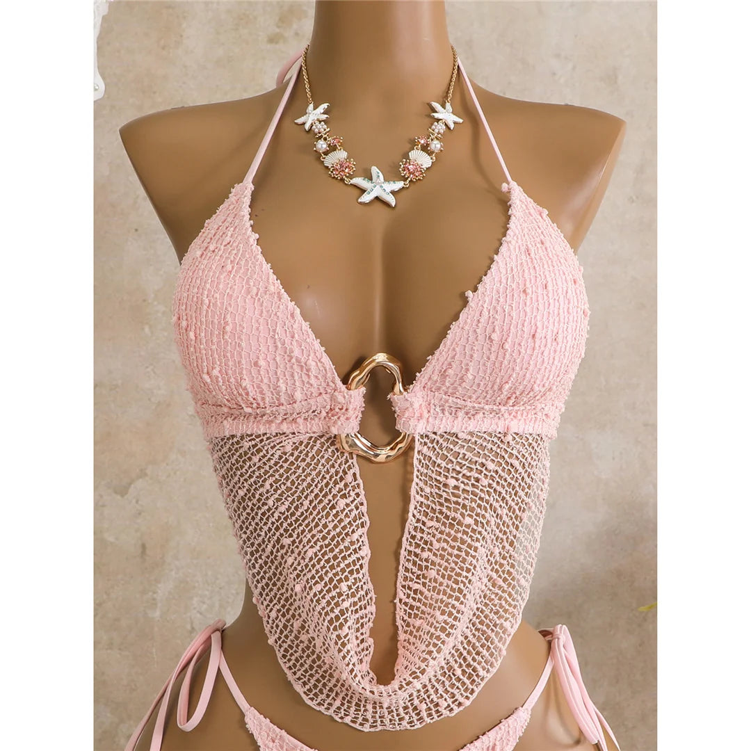 New Hollow Out Tankini Halter Bikini Female Swimsuit Women Swimwear Two-Pieces Bikini Set Strappy Bather Bathing Suit Swim V8076