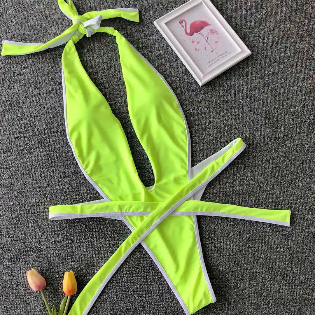 2026 Neon Green Women Swimwear High Cut Backless One Piece Swimsuit Female Bather Sexy Halter Bathing Suit Swim Monokini V1336G