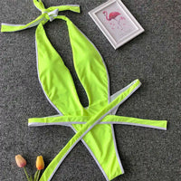 2026 Neon Green Women Swimwear High Cut Backless One Piece Swimsuit Female Bather Sexy Halter Bathing Suit Swim Monokini V1336G