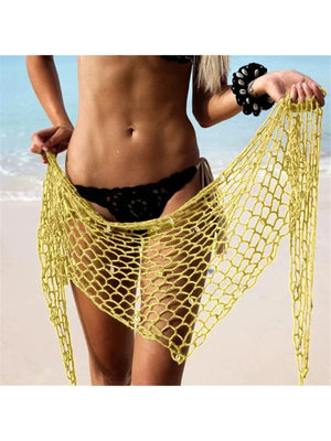 Paréo en crochet ajouré à coquillages et pompons jaune