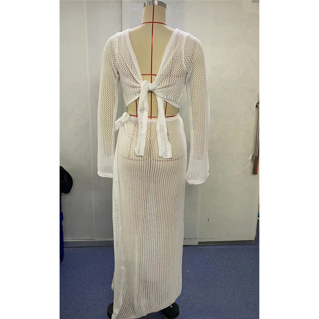 Hollow Out See Through Long Sleeve Crochet Knitted Tunic Beach Cover Up Cover-ups Beach Dress Beach Wear Beachwear Female V5991