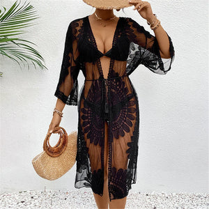 Kimono de plage brodé à nouer manches trois quarts noir