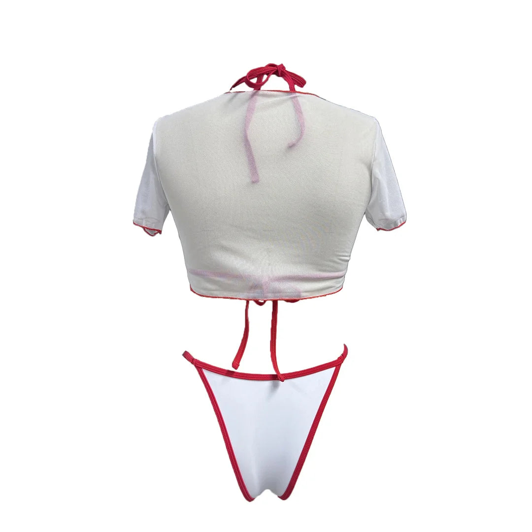 S -XL Cherry Printed Short Sleeve Bikini Female Swimsuit Women Swimwear Three-Pieces Bikini Set Bather Bathing Suit Swim V6854