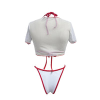 S -XL Cherry Printed Short Sleeve Bikini Female Swimsuit Women Swimwear Three-Pieces Bikini Set Bather Bathing Suit Swim V6854