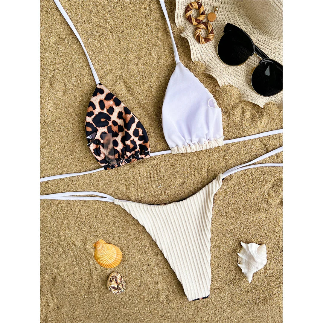XS - L Leopard Halter Splicing Satin Bikini Female Swimsuit Women Swimwear Two-piece Bikini set Bather Bathing Suit Swim V4752SW