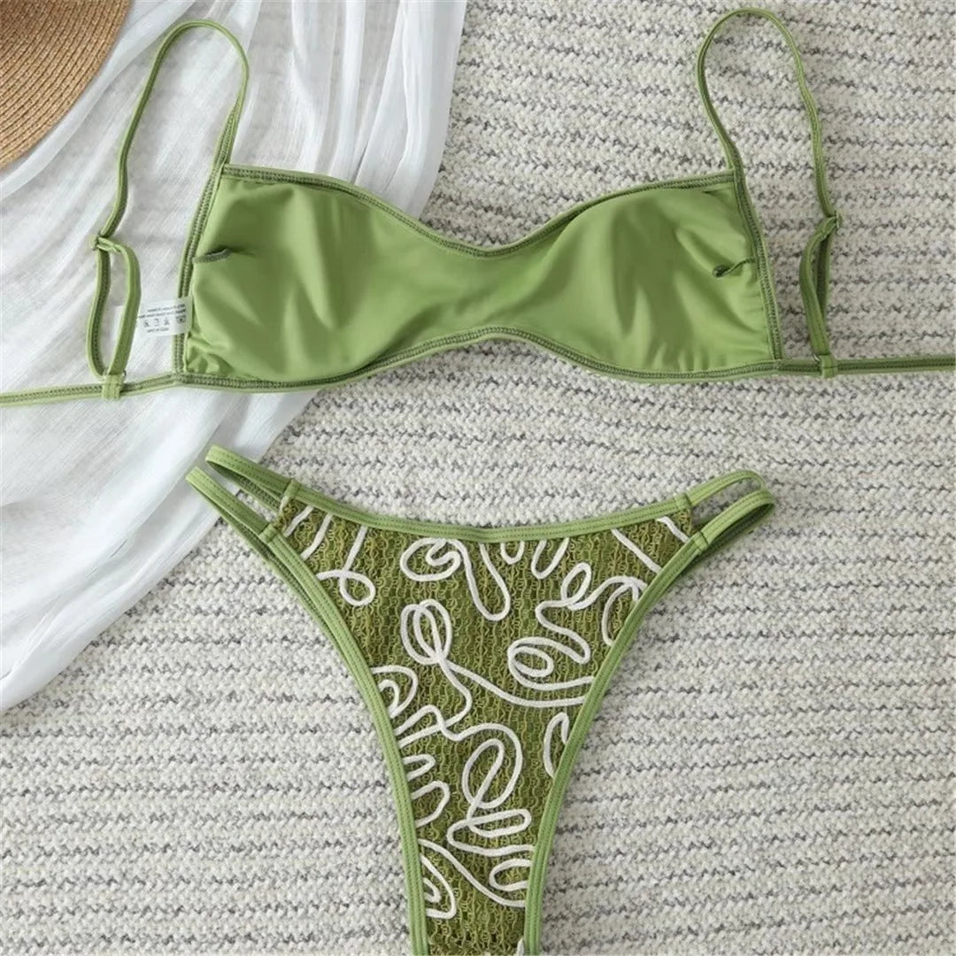 S - XL Green Printed Brazilian Bikini Women Swimwear Female Swimsuit Two-Pieces Bikini Set Padded Bather Bathing Suit Swim V8081