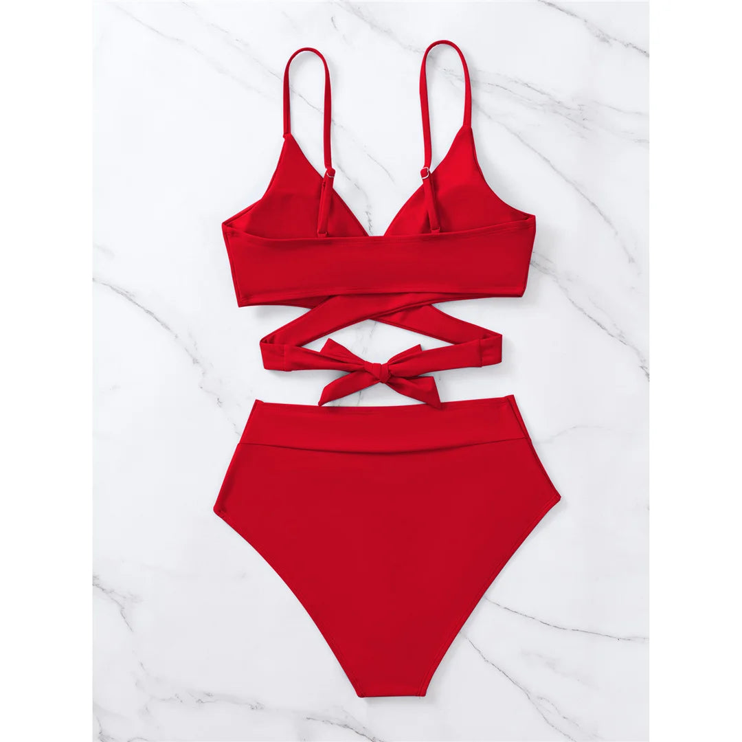 S - XL New 7 Colors V Neck High Waist Bikini Female Swimsuit Women Swimwear Two-Pieces Bikini Set Bather Bathing Suit Swim V5006