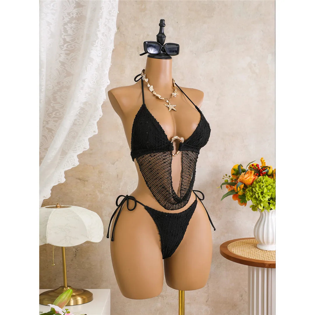 New Hollow Out Tankini Halter Bikini Female Swimsuit Women Swimwear Two-Pieces Bikini Set Strappy Bather Bathing Suit Swim V8076