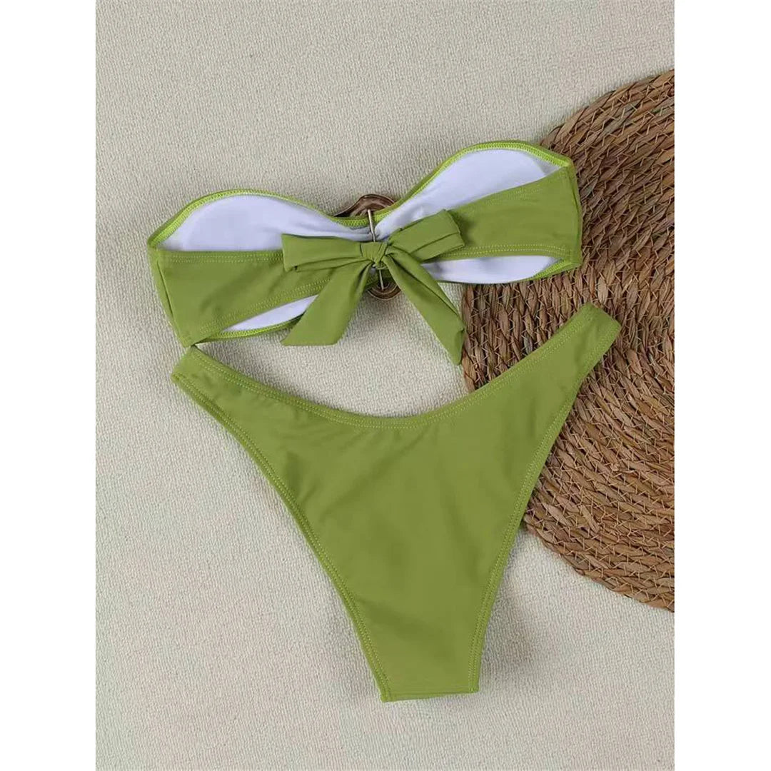 7 Colors Bandeau Metal Ring Brazilian Bikini Female Swimsuit Women Swimwear Two-Pieces Bikini Set Bather Bathing Suit Swim V6516