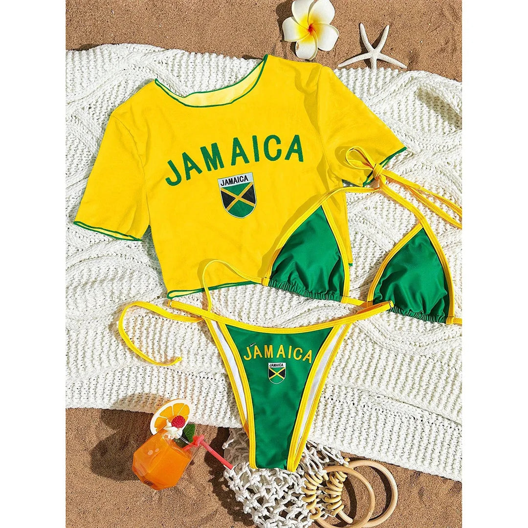 S -XL Cherry Printed Short Sleeve Bikini Female Swimsuit Women Swimwear Three-Pieces Bikini Set Bather Bathing Suit Swim V6854