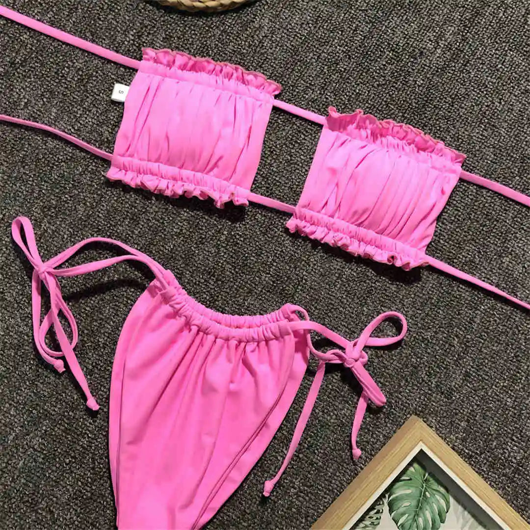 Sexy Leopard Bandeau Brazilian Bikini Swimsuit Female Swimwear Women Two-Pieces Bikini Set Pleated Bather Bathing Suit V1242L