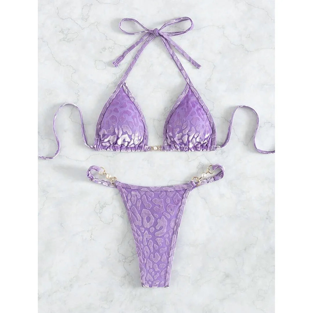 S- XL Leopard Halter Mini Micro Thong Bikini Women Swimwear Female Swimsuit Two-Pieces Bikini Set Bather Bathing Suit Swim V5207