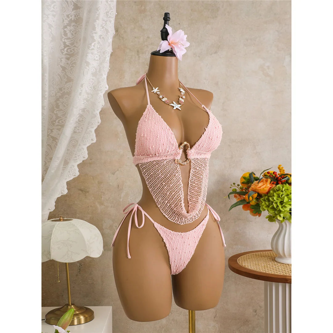 New Hollow Out Tankini Halter Bikini Female Swimsuit Women Swimwear Two-Pieces Bikini Set Strappy Bather Bathing Suit Swim V8076