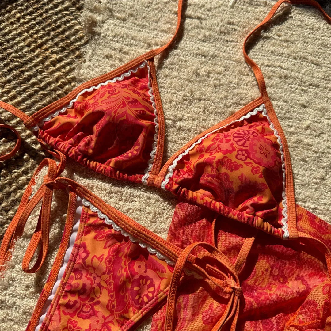 With Sarong Printed Halter Bikini Women Swimwear Female Swimsuit Three-Pieces Bikini Set Padded Bather Bathing Suit Swim V6966