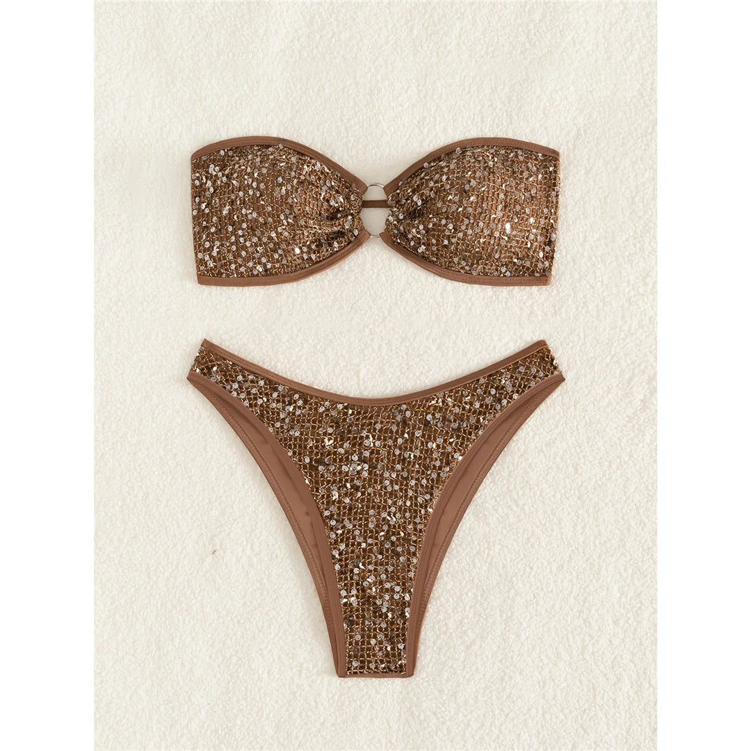 New Glitter Sequins Bandeau Bikini Female Swimsuit Women Swimwear Two-Pieces Bikini Set Brazilian Bather Bathing Suit Swim V7922