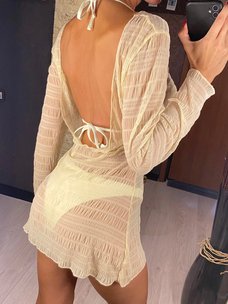 With Long Sleeve Cover Up Backless Bikini Women Swimwear Female Swimsuit Three-Pieces Bikini Set Bather Bathing Suit Swim V5641