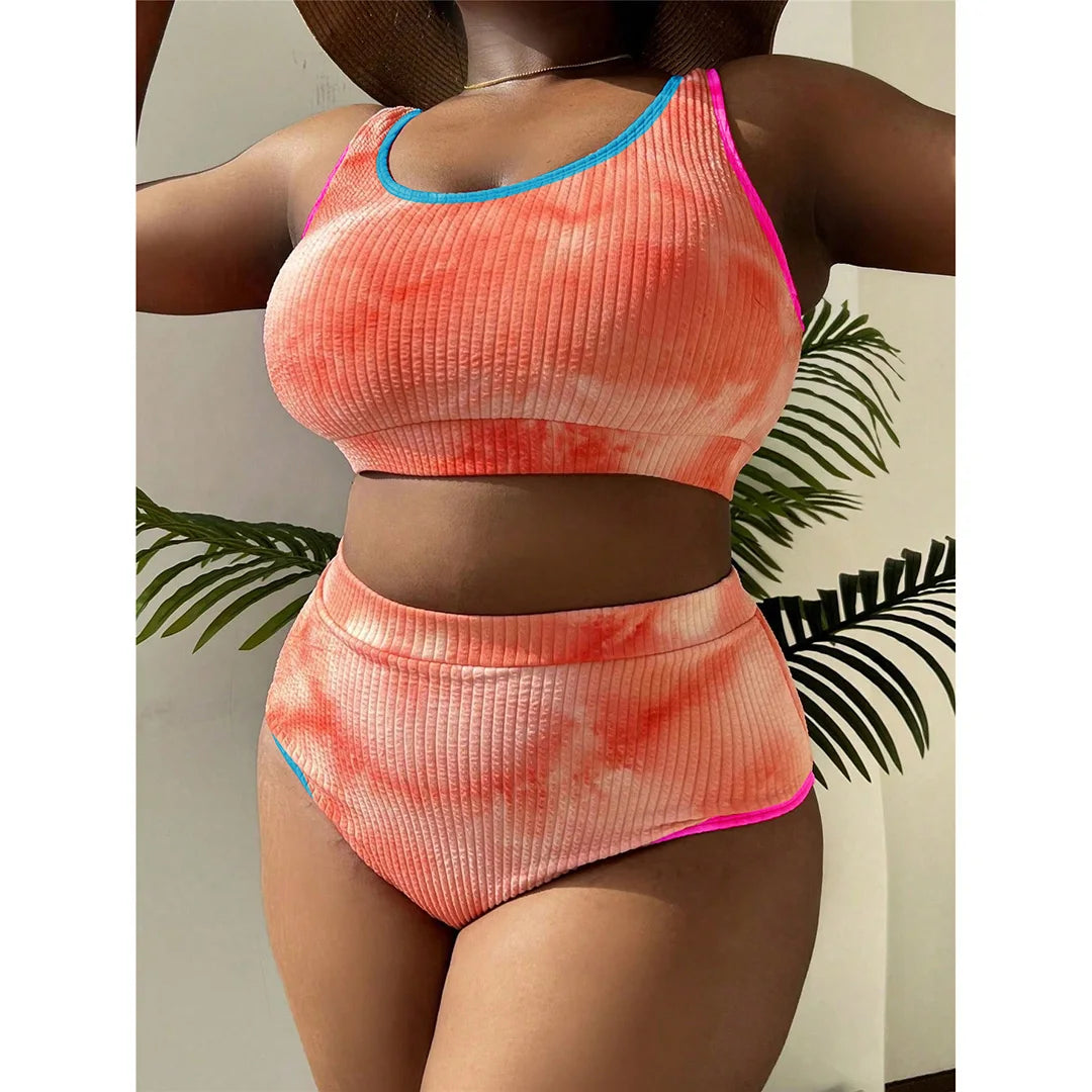 0XL - 4XL New Tie Dye Bikini Large Size Swimwear Plus Size Women Swimsuit Female Two-Pieces Bikini Set Bather Bathing Suit V5948