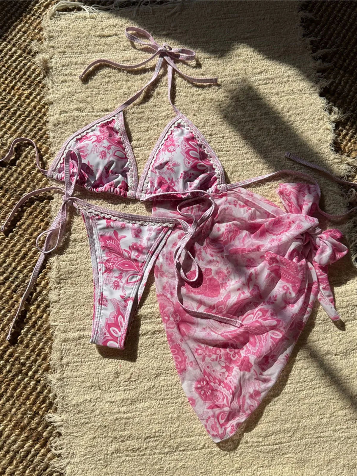 With Sarong Printed Halter Bikini Women Swimwear Female Swimsuit Three-Pieces Bikini Set Padded Bather Bathing Suit Swim V6966