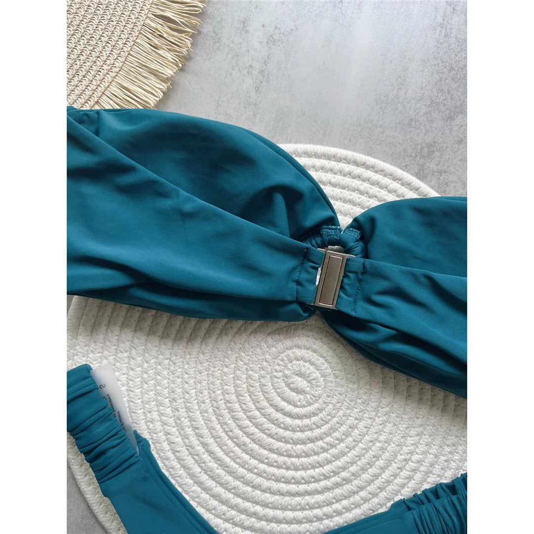 Wrinkled Bandeau High Cut Mini Thong Bikini Female Swimsuit Women Swimwear Two-Pieces Bikini Set Bather Bathing Suit Swim V6085
