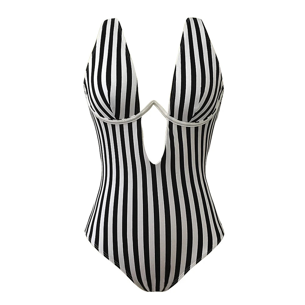 S - XL V shape Wire Striped Women Swimwear One Piece Swimsuit  Female V-bar Underwired Bather Bathing Suit Swim Monokini V472SW