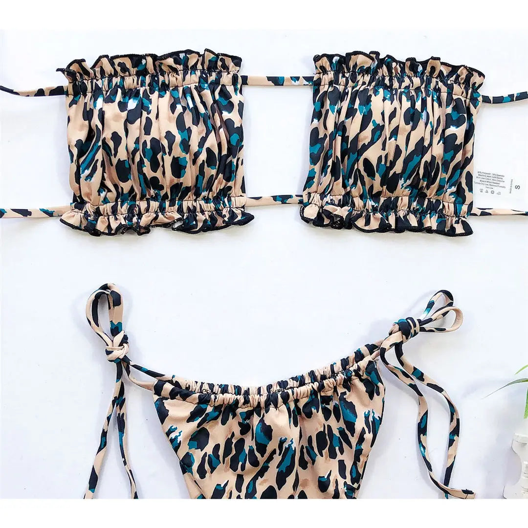 Sexy Leopard Bandeau Brazilian Bikini Swimsuit Female Swimwear Women Two-Pieces Bikini Set Pleated Bather Bathing Suit V1242L