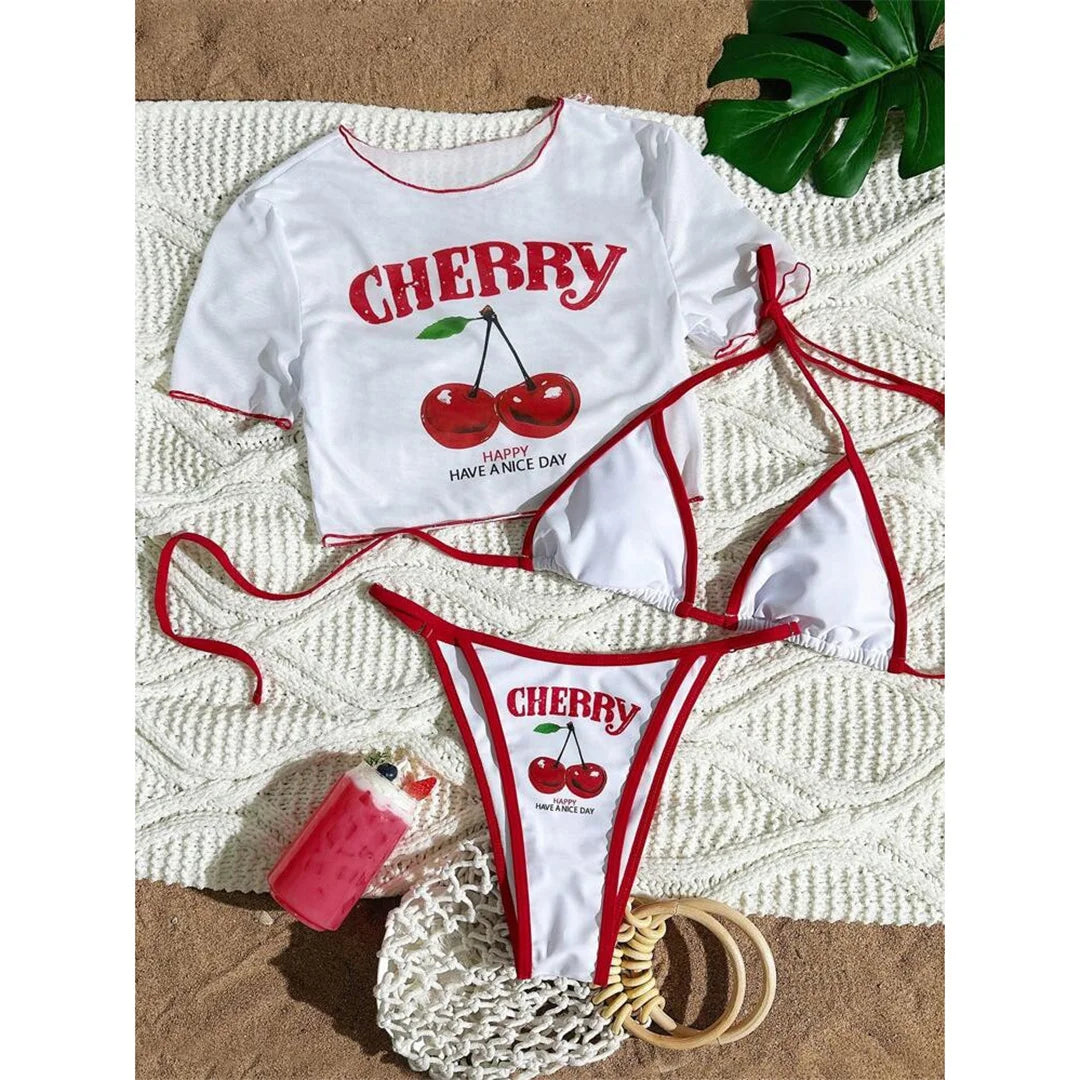 S -XL Cherry Printed Short Sleeve Bikini Female Swimsuit Women Swimwear Three-Pieces Bikini Set Bather Bathing Suit Swim V6854