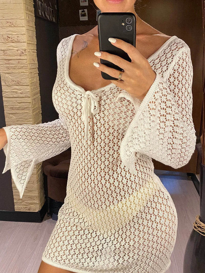 V Neck Long Sleeve Hollow Out Crochet Knitted Tunic Beach Cover Up Cover-ups Beach Dress Beach Wear Beachwear Female Women V6081