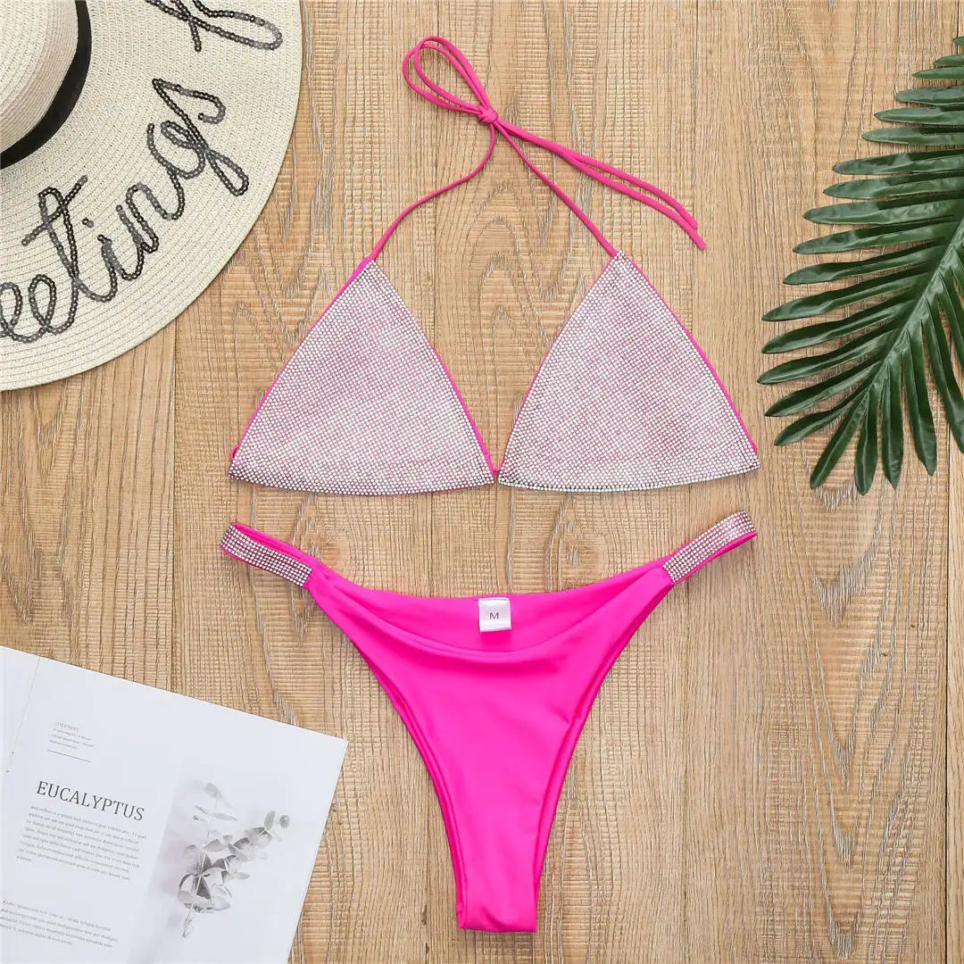 Luxury Shiny Bling Rhinestone Bikini Female Swimsuit Women Swimwear Two-Pieces Bikini Set Halter Bather Bathing Suit Swim V2049