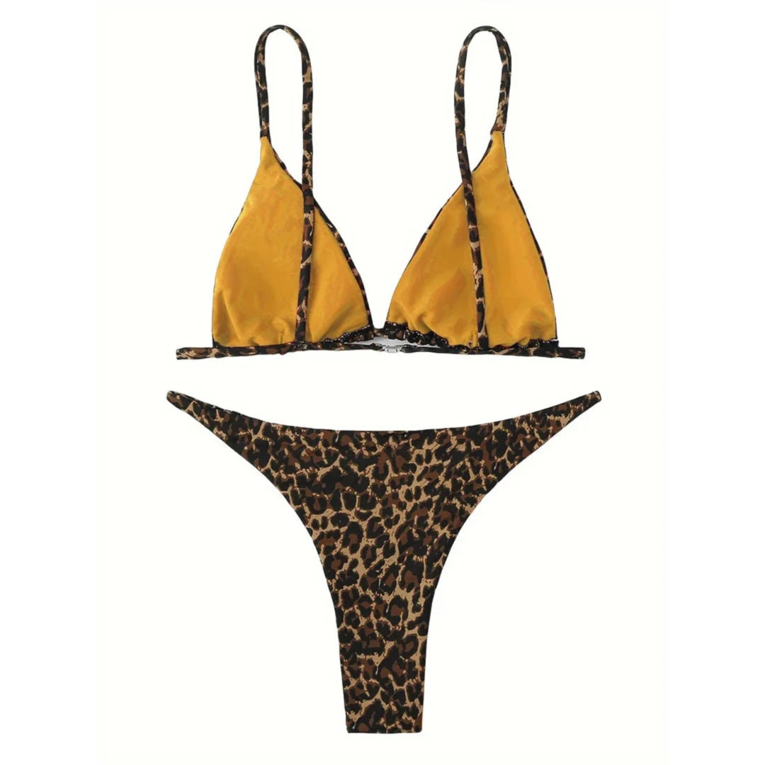 Bikini brésilien sans armatures imprimé léopard jaune à plat, haut triangle à doublure jaune et bretelles réglables