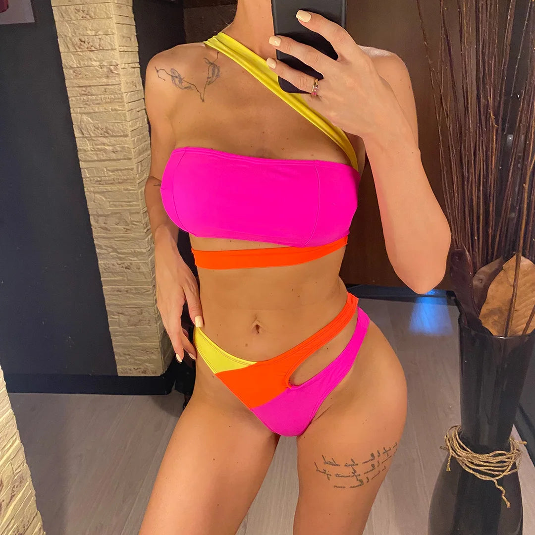 Sexy Splicing Asymmetric One Shoulder Bikini Female Swimsuit Women Swimwear Two-Pieces Bikini Set Bather Bathing Suit Swim V5395
