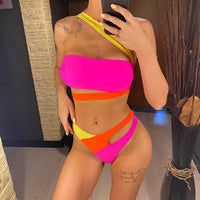 Sexy Splicing Asymmetric One Shoulder Bikini Female Swimsuit Women Swimwear Two-Pieces Bikini Set Bather Bathing Suit Swim V5395