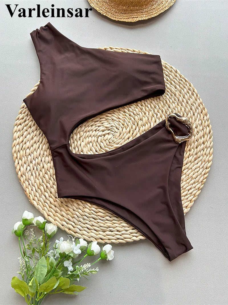 Asymmetric One Shoulder Metal Ring Women Swimwear One Piece Swimsuit Female High Cut Leg Padded Bather Bathing Suit Swim V6549