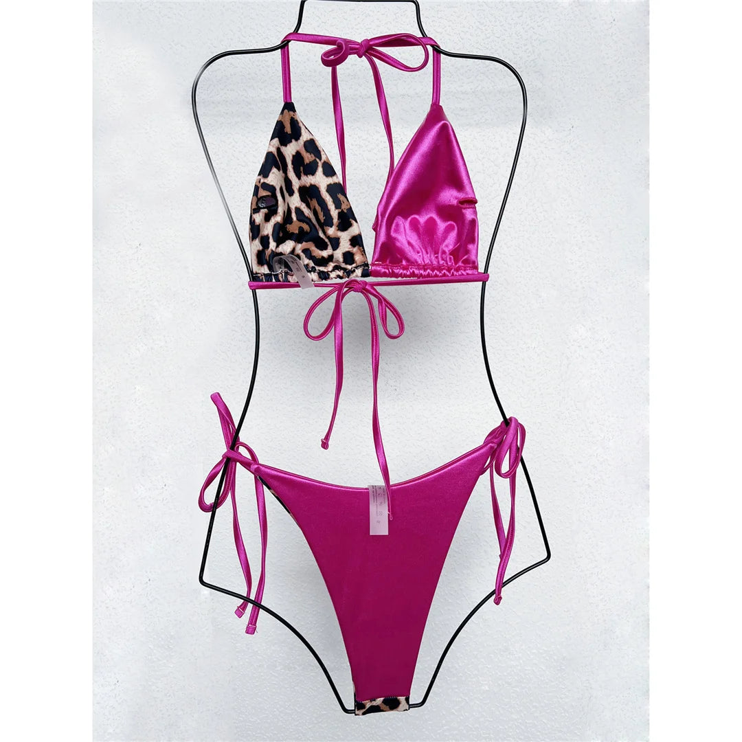 XS - L Leopard Halter Splicing Satin Bikini Female Swimsuit Women Swimwear Two-piece Bikini set Bather Bathing Suit Swim V4752SW