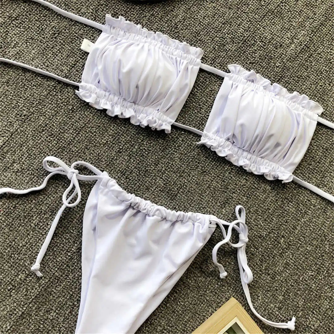 Sexy Leopard Bandeau Brazilian Bikini Swimsuit Female Swimwear Women Two-Pieces Bikini Set Pleated Bather Bathing Suit V1242L