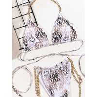 Snake Skin Printed Metal Chain Halter Bikini Women Swimwear Female Swimsuit Two-Pieces Bikini Set Bather Bathing Suit Swim V3233