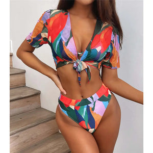 Maillot trois pièces taille haute imprimé abstrait multicolore