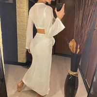 Hollow Out See Through Long Sleeve Crochet Knitted Tunic Beach Cover Up Cover-ups Beach Dress Beach Wear Beachwear Female V5991
