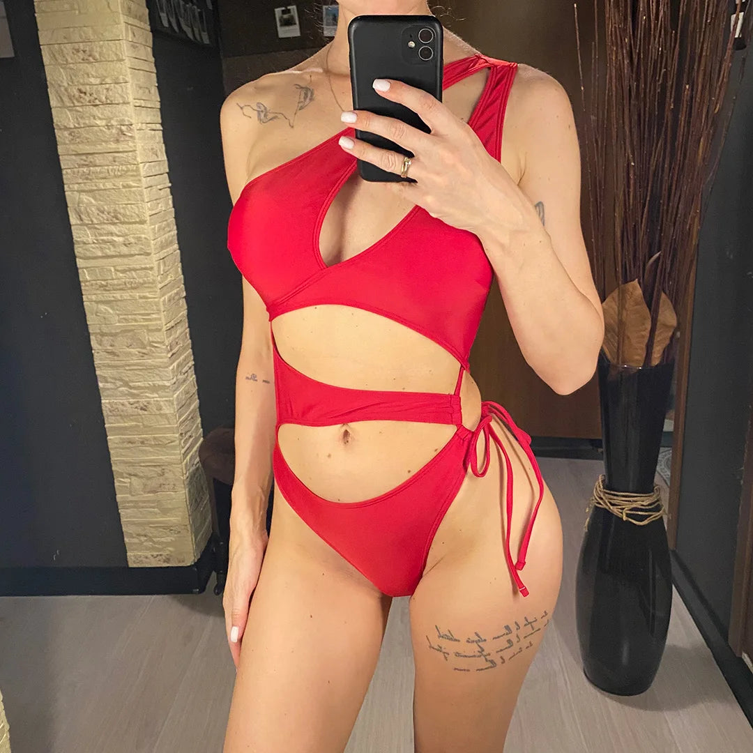Cut Out Asymmetric One Shoulder One Piece Swimsuit Women Swimwear Female Monokini High Leg Cut Bather Bathing Suit Swim V6254