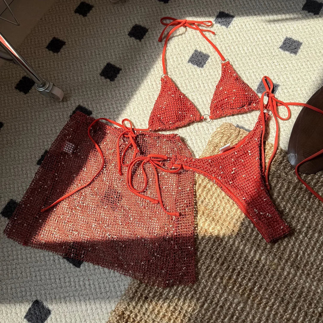 3PCS With Hollow Out Skirt Halter Bikini Female Swimsuit Women Swimwear Three-Pieces Bikini Set Bather Bathing Suit Swim V6451