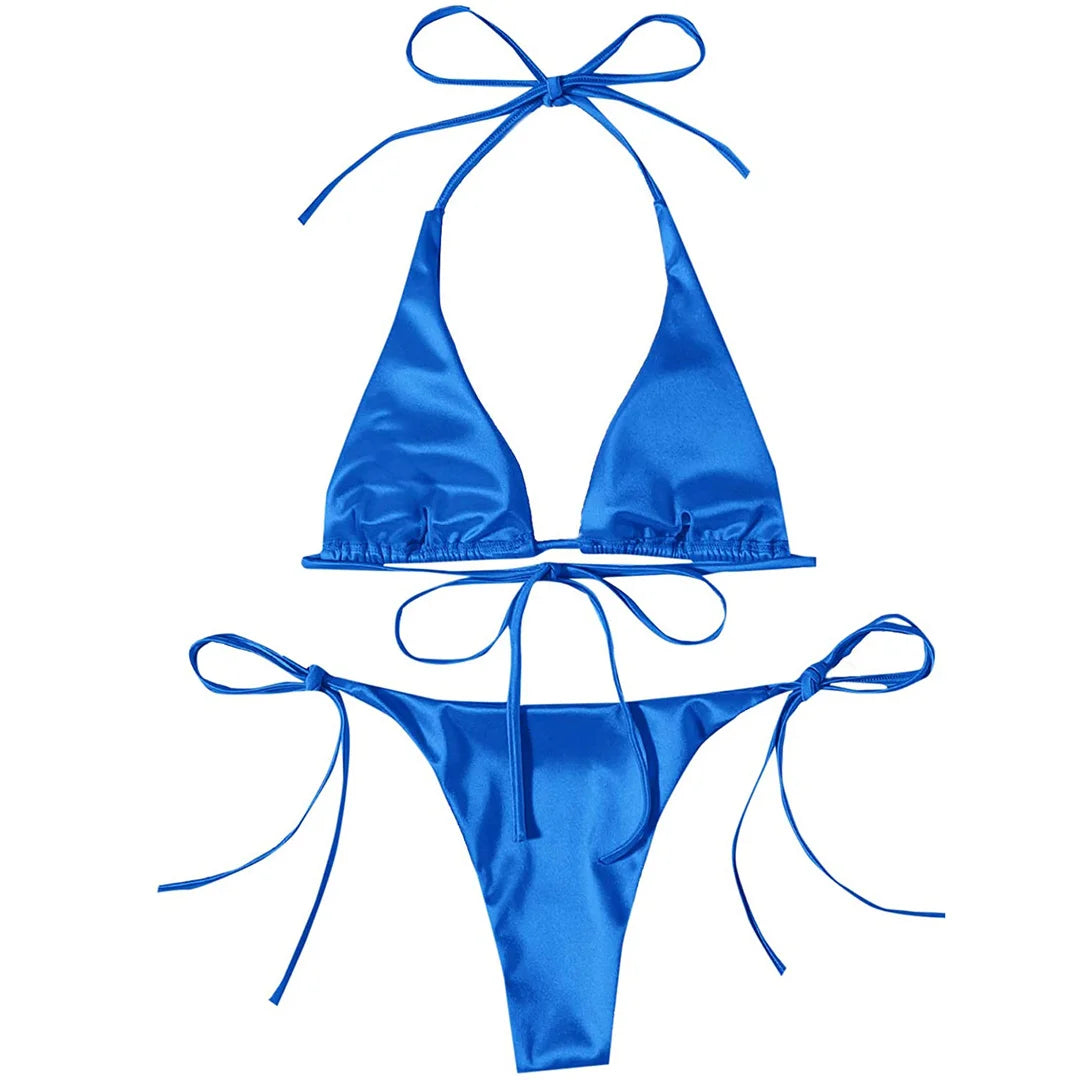 Sexy 13 Colors Halter Satin Brazilian Bikini Women Swimwear Female Swimsuit Two-Pieces Bikini Set Bather Bathing Suit Swim V4966