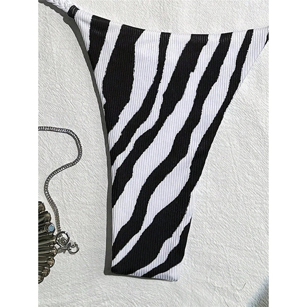 XS - L Zebra Halter Mini Thong Bikini Women Swimwear Female Swimsuit Two-Pieces Bikini Set Padded Bather Bathing Suit Swim V6759